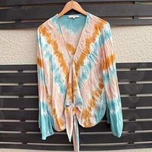 Young Fabulous & Broke Tie-Dye Tie-Front Flare Sleeve Top in Multicolor | Large
